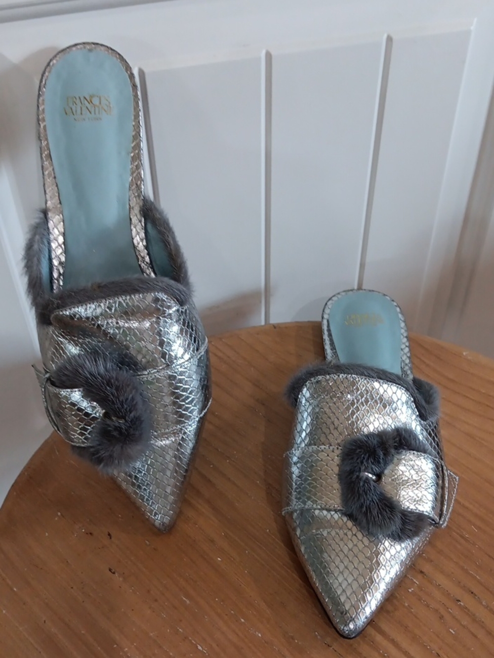Frances Valentine Metallic Silver Pointed Mule with Fur Buckle